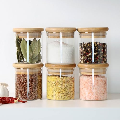 Image of Glass Food Storage Containers with Airtight Bamboo Lid, Coffee Storage Jars for Home Kitchen, Pantry Tea, Spices, Snack (ROUND 220 ML JAR, SET OF 12)