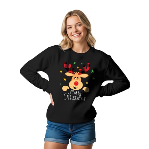Lang Horn Christmas Sweatshirt Women Reindeer Graphic Print Jumper Long Sleeve Shirt Unisex Pullover Causal Crewneck Sweat Tops for Women 3XL Black