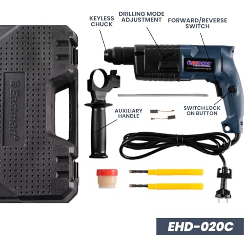 Image of EASTMAN 20mm Rotary Hammer Drill (EHD-020C) - 500W Heavy Duty SDS-Plus Drilling Machine | 5000 BPM Impact Rate | 1200 RPM Speed | Includes BMC Box, Free Drill Bits (6mm & 8mm) & Carbon Set