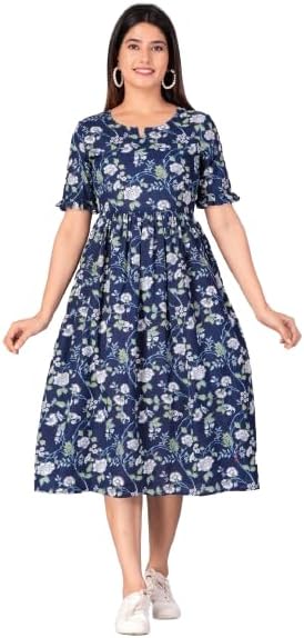 Anshara Fashion Women Cotton Fabric Calf Length Midi Dress(Blue)