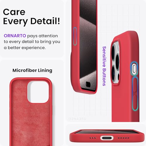 ORNARTO Compatible with iPhone 15 Pro Case 6.1", Liquid Silicone 3 Layers Full Covered Soft Gel Rubber Cover, Shockproof Protective Slim Phone Case with Anti-Scratch Microfiber Lining-Red