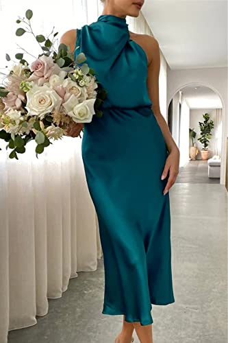 Betianro Women's 2023 Sleeveless Cocktail Dresses Mock Neck Keyhole Elastic High Waist Satin Wedding Guest Evening Party Maxi Dress Blue #TOP1