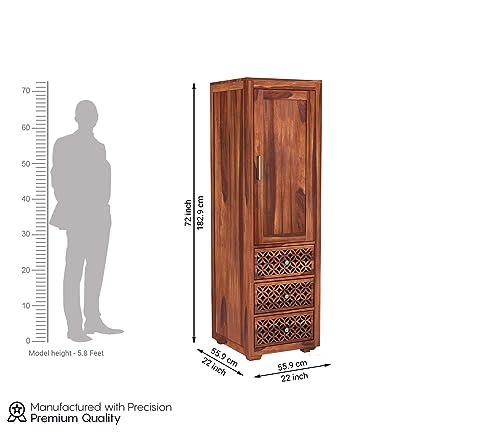 Image of Sheesham Wood Wooden Single Door Wardrobe Organizer for Clothes | - Solid Wood Almirah with 3 Drawers, 3 Shelves - Cupboard for Large Bedroom (Design 28)