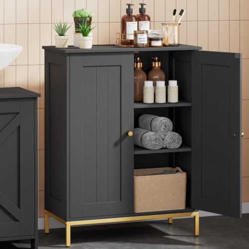 Image of Homhedy Bathroom Storage Cabinet, Freestanding Floor Cabinet Organizer with 2 Adjustable Shelves, Small Cabinet for Bathroom Living Room Laundry Room, 11.8 x 23.6 x 31.5 Inches, Black