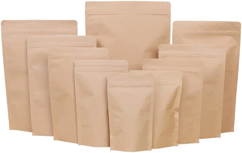 Adaamya Reusable & Zip Lock Brown Kraft Stand Up Paper Pouch Bags without Rectangle Transparent Window & Tear-Away Notch for Multi-Purpose Storage - Pack of 50 Pcs (70 gm)
