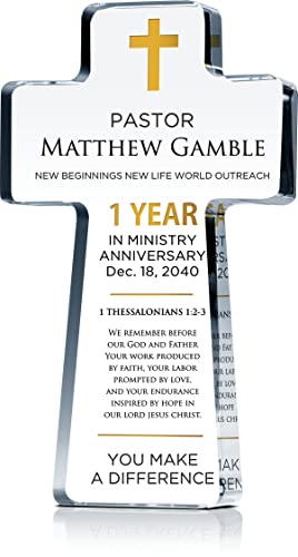Custom Pastor Anniversary Plaque – Personalized Crystal Cross Gift for Minister, Priest, Deacon, Bishop, or Church Leader (M - 9")