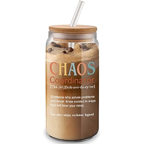 Chaos Coordinator Gifts For Women - 16oz Chaos Coordinator Glass Cup With Lid And Straw - Drinking Glasses Tumbler Gifts For Her - Thank You Gift For Coworker, Teacher, Boss Lady Cover
