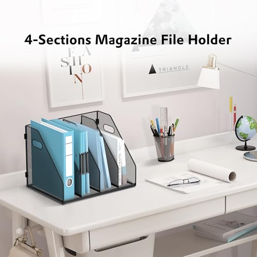 Supeasy Metal Magazine File Holder For Desk With 4 Vertical Compartments, Magazine Rack Desk Tidy Organiser For Office, Home Workspace(Black) - 5