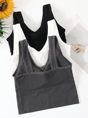 WDIRARA Girl's 3 Pack Rib Knitted Textured V Neck Wireless Bra Comfort Workout Tops Seamless Bralettes2