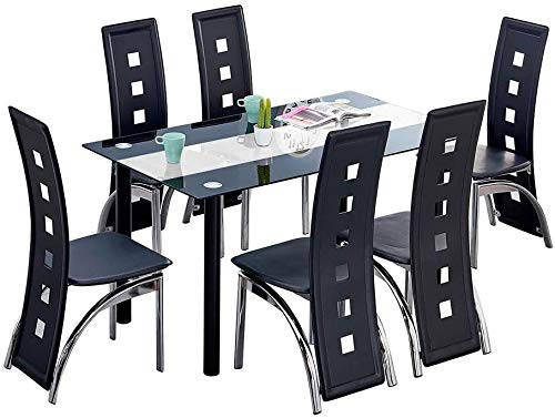 Mesa de cocina y sillas de comedor de respaldo alto cómodas sillas de cuero PU mesas rectangulares de vidrio,Black-6 chairs