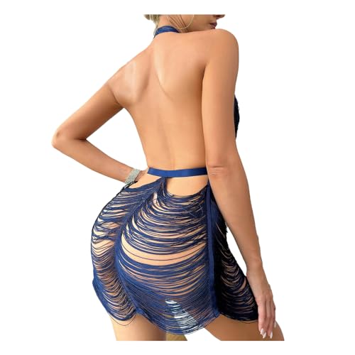 Damen Neckholder-Kleid mit tiefem V-Ausschnitt, durchsichtig, Nachtclub, einfarbig, ärmellos, rückenfrei, Dunkelblau, X-Groß