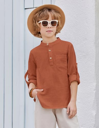 Image of Arshiner Boys Cotton Linen Henley Shirt Button Down Shirt Long Sleeve T Shirt Beach Shirt Tee Casual Solid Tops