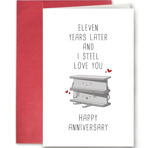 SuperShunhu Funny 11 Years Anniversary Card, 11th Anniversary Card for Him Her, Steel Anniversary Pun Card for Husband or Wife, Eleven Years Later and I Steel Love You