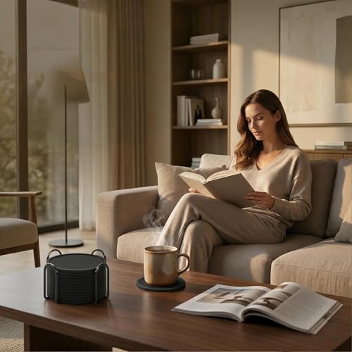 Gotanc Untersetzer Gläser 12er Set, Silikon Glasuntersetzer rutschfest und Isoliert Glas Untersetzer-Set, Rund Glasuntersetzer Schwarz mit Halter, für alle Arten von Tassen