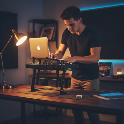 Image of Pyle Portable Dual Laptop Stand - Standing Table with Adjustable Height, Ergonomic Design & Anti-Slip Prongs for DJ Mixer, Sound Equipment, Workstation, Gaming & Home Use - PLPTS38, Black