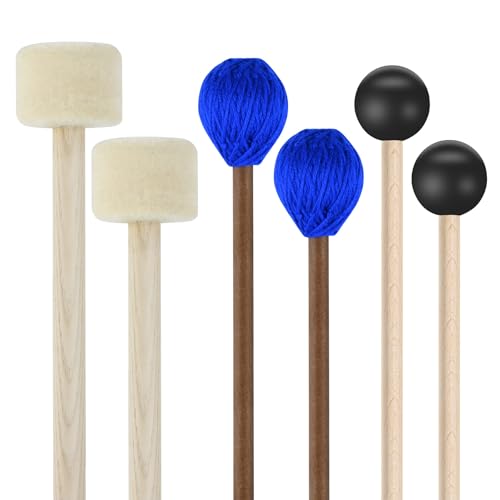 3 Pairs Blue Hard Yarn Head Keyboard Marimba Mallets, Black Rubber Bell Mallets, Felt Head Timpani Mallets, Bass Drum Stick Glockenspiel Sticks Xylophone Mallets for Percussion Instrument