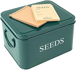 Deerstone Seed Packet Storage Box. Metal Garden Seed Tin Organiser for Gardeners with Monthly Dividers & 10 Envelopes. Powder Coated Steel Green