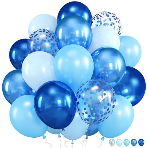 Blue Balloons, 12 Inch Double Stuffed Metallic Light Blue Mixed Latex Balloon, Chrome Dark Navy Confetti Helium Balloons for Boys Men Birthday Baby Shower Graduation Space Theme Party Decorations