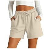 Pantalones Cortos Mujer Verano Lino Algodón Alta Cintura Elegantes Holgados Bermudas Pantalones con Bolsillos Chic Sports Pantalon Cortos Sueltos para Playa Diario Yoga (Beige, XL)