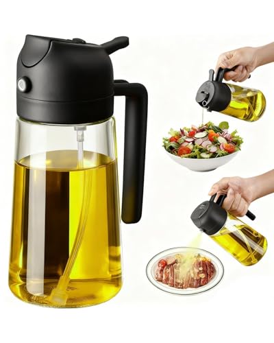 JIMYIU Vaporisateur d'Huile en Verre 16oz/470ml - 2-en-1 Bouteille d'Huile d'Olive, Accessoire de Cuisine Indispensable pour Friteuse sans Huile, Salades, Cuisson, Grillade et Pâtisserie (Noir)