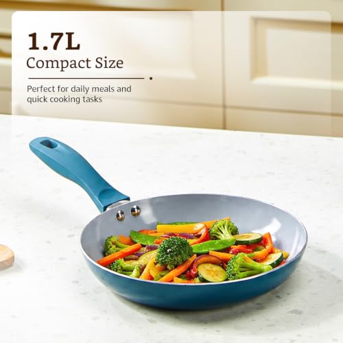 Image of Amazon Brand - Solimo Ceramic Frying Pan 24cm | Non-Stick Aluminium Tawa | Induction & Gas | BPA-Free & PFOA-Free | Ergonomic Handle | Even Heat Distribution | Dishwasher Safe | BIS Certified - Blue