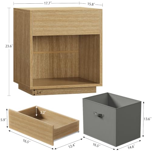 Image of TEENFON Nightstands Set of 2, Night Stand with Drawer and Open Shelf, Nightstands Bedside Table with Removable Fabric Drawer, Night Stands for Bedroom, Small Space, Natural