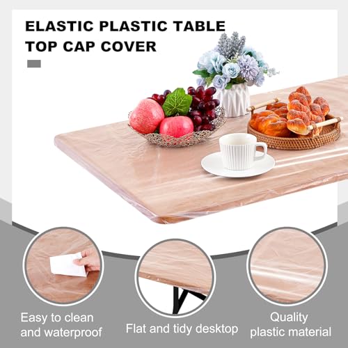 Image of Boao 12 Plastic Elastic Fitted Tablecloths, 6 Ft, 72 x 30 Inch, Clear