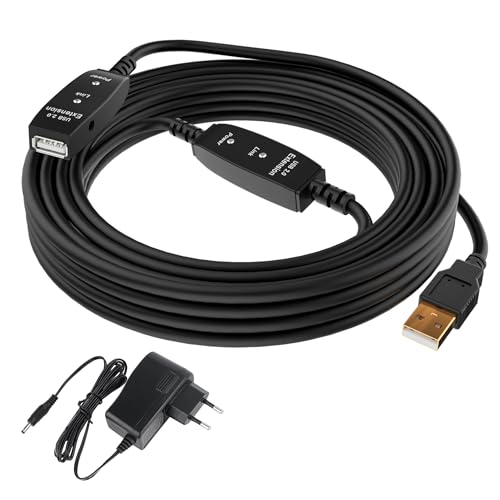Mygatti USB 2.0 Aktiv Verl&auml;ngerungskabel 15m,Typ A Stecker auf Buchse,mit 2 Signalverst&auml;rker und doppelter LED-Arbeitsanzeige,ABS-Geh&auml;use,DC Schnittstelle(DC Netzteil im Lieferumfang enthalten)