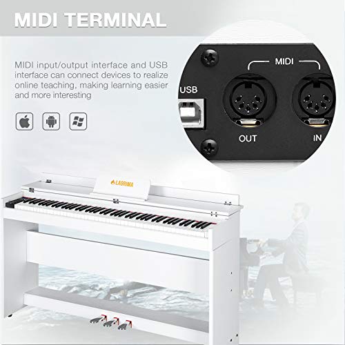 LAGRIMA Digital Piano with Bench, 88 Key Electric Piano for Beginner/Adults with Padded Piano Bench+Music Stand+Power Adapter+3-Pedal Board+Instruction Book+Headphone Jack, White - Thumbnail 4