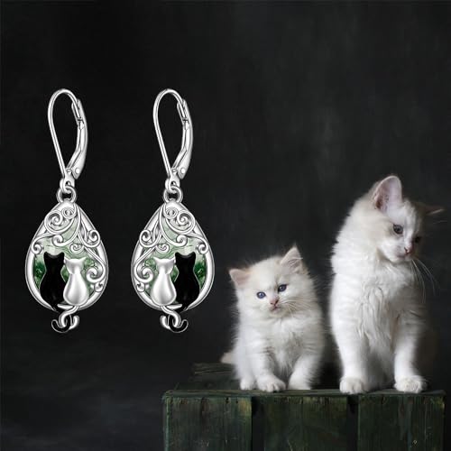 Cat Earrings Moss Agate Black Cat Earrings for Women Sterling Silver Filigree Cats Dangle Drop Earring Jewelry Leverback Gifts3