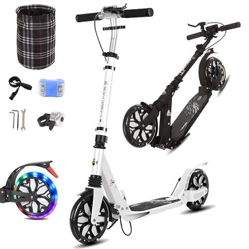 GHBXJX Cityroller mit Big Wheel 200mm LED Leuchträdern & Tragegurt, Klappbar Kickscooter, Stoßdämpfer | Höhenverstellbar, Stoßdämpfer Tretroller Kinder Scooter für Jungen und Mädchenab 5Jahre,Weiß
