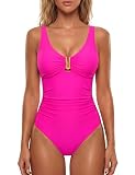 BMJL Women's Tummy Control Swimsuits Ruched Slimming One Piece Bathing Suit Deep V Neck Swimsuit(L,Hot Pink)