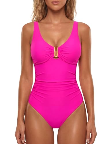 BMJL Women's Tummy Control Swimsuits Ruched Slimming One Piece Bathing Suit Deep V Neck Swimsuit