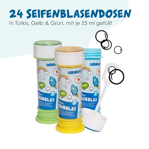 alldoro 63073 Seifenblasen 24er Set, mit Labyrinth im Deckel, Pustestäbchen, für Kinder ab 3 Jahren, bunt, 24x 55 ml