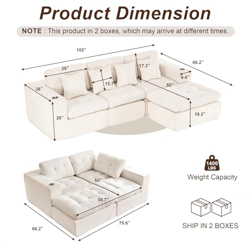 Image of Modular Sectional Sofa, 105 inch L Shaped Comfy Cloud Couch with Deep Seat, Boneless Couch for Living Room, Corduroy Modular Sofa with Chaise and Cup Holders, No Assembly Required, Beige