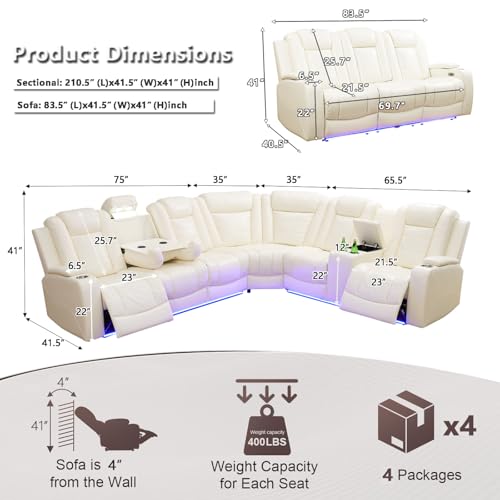 Image of Power Recliner Sectional Sofa Set with LED Lights, Living Room Furniture Sets, L Shaped Reclining Sectional Couch and 3 Seats Sofa,Leather Couch with Coffee Table /Storage for Living Room