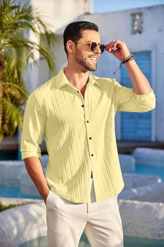 Image of FINIVO FASHION Men's Casual Cotton Plain Button Down Shirt Long Sleeve Textured Summer Beach Shirt for Men