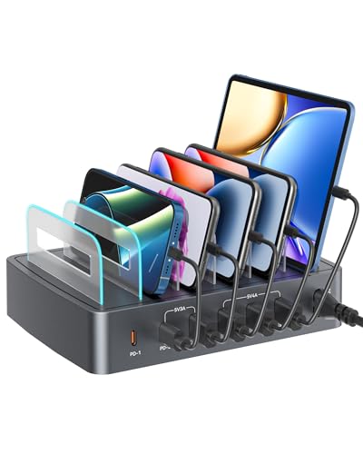 RENGOGA Estación de Carga USB C 72W a 6 Puertos para Múltiples Dispositivos, Carga Rápida PD 45W para iPhone 14/13, 2X USB-C & 4X USB-A, Sin Cables de Carga, para Smartphones Tablets AirPods