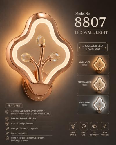 Image of Modern LED Wall Light | 3 Color Changing Rose Gold Decorative Wall Lamp for Living Room, Bedroom & Hallway | Crystal Accent Indoor Sconce with Warm, Neutral & Cool White Lighting