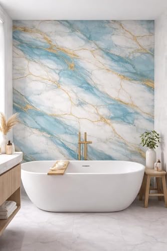 Image of VOOY Self-Adhesive Kitchen Wallpaper, PVC 3D Wall Sticker Oil Proof & Waterproof, Kitchen Backsplash Stickers Wallpaper Navy Blue and Golden Marble Pattern (60cm x 200cm) (Pack of 2) (TS-80)
