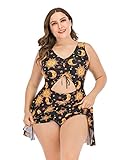 ESPRLIA Plus Size Floral Print Halter Swimwear One Piece Pin up Tankini Swimwear