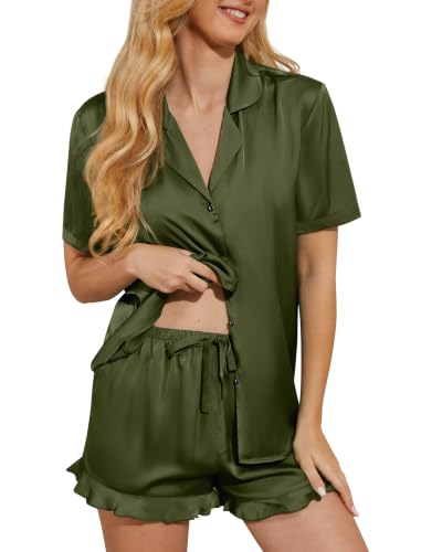 Image of Silk Pajamas for Women Satin Womens Pajama Sets Short Sleeve Set 2-Piece Sleepwear