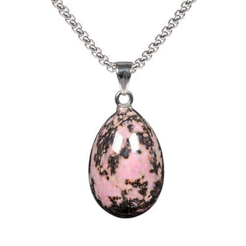 Justinstones Natural Matrix Rhodonite Carved 30mm Egg Shape Pendant Necklace Chakra Stone Amulet Jewelry for Gift Necklace 22 inch