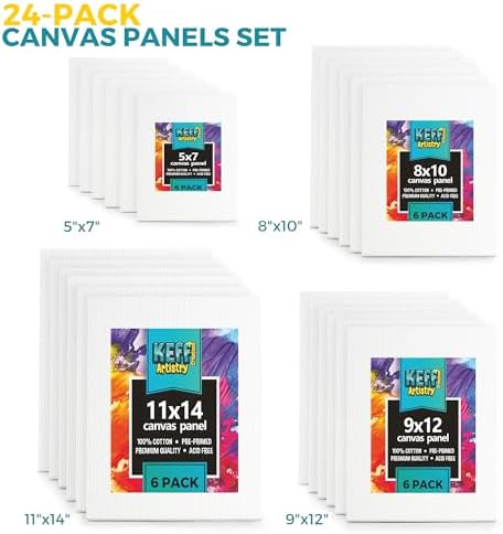 KEFF Canvas Boards for Painting - 24 Pack - Art Supplies Paint Canvas 5x7, 8x10, 9x12, 11x14 Canvas Panels, 100% Cotton Pre-Primed Large Canvas for Painting Supplies, Acrylic, Oil, Watercolor, Tempera