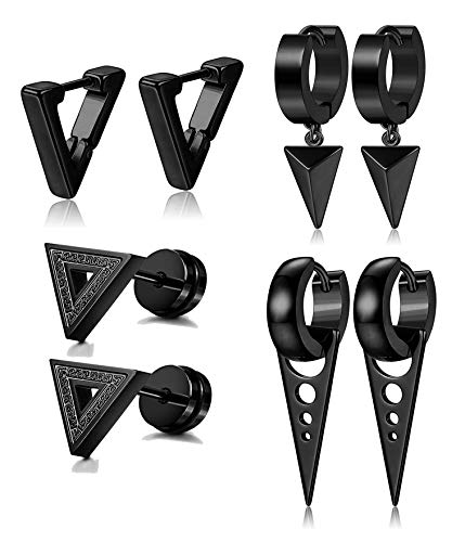 LOLIAS 4 Paires Acier Inoxydable Boucles D'oreilles Triangle pour Hommes Femmes Créoles Pendre Boucles D'oreilles Flèche Punk Boucles D'oreilles Géométriques Pendantes, Argent/Noir