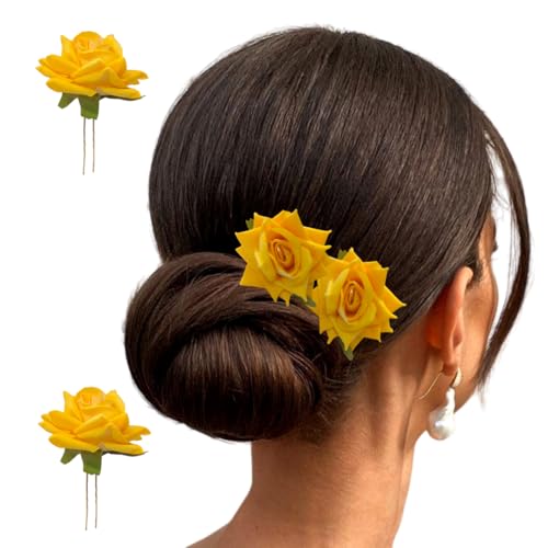 Image of Hair Flare Artificial Plastic & Metal Rose Flower with An Abundance of Petals Design Hairpin /Hair Clip /Judabun | Bridal Hair Accessories, Wedding, Festival for Women & Girls - 2700, Set of 2