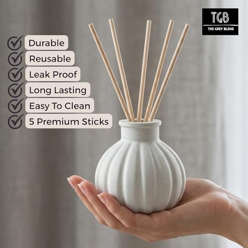 Image of Reed Diffuser Bottle with 5 Reed Sticks | Decorative Concrete Reed Diffuser Vase for Fragrance Oil | Bathroom, Living Room & Table Decor | Empty Reusable Diffuser Bottle (7.5cmx7.5cm)