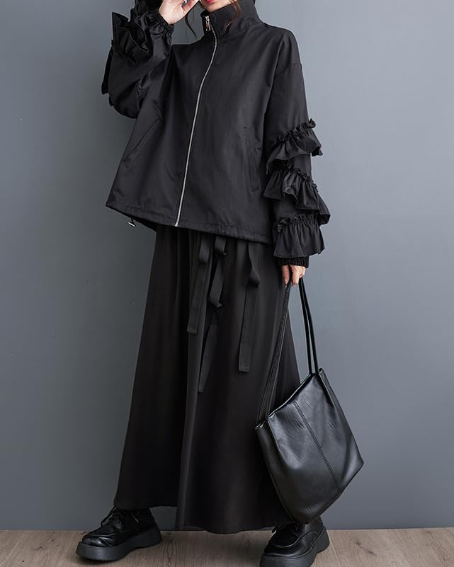 ellazhu Women's Coats Trench Mock Neck Long Sleeve Oversize Zip Up Side Pockets Solid Ruffled Outerwear GZ638 A - Image 4