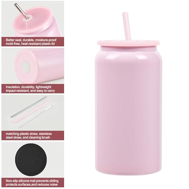 12 Pack Glass Cups with Lids and Straws, 16oz Stainless Steels Sublimation Tumbler Cups, Beer Cups, Iced Coffee Cups, Smoothie Cup for Whiskey, Soda, Tea, Water cups.