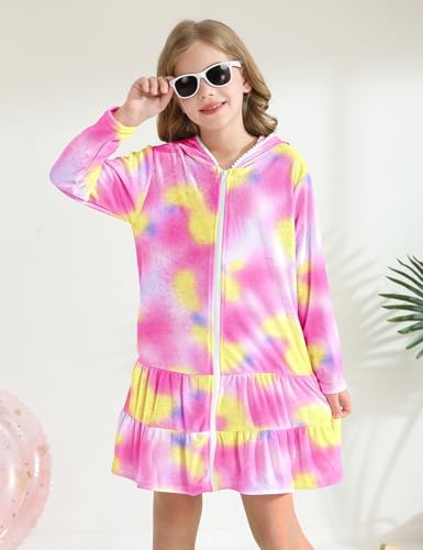 Image of Girls Swim Cover Up Kids Long Sleeve Swimsuit Coverup Terry Beach Pool Clothes with Sunglasses